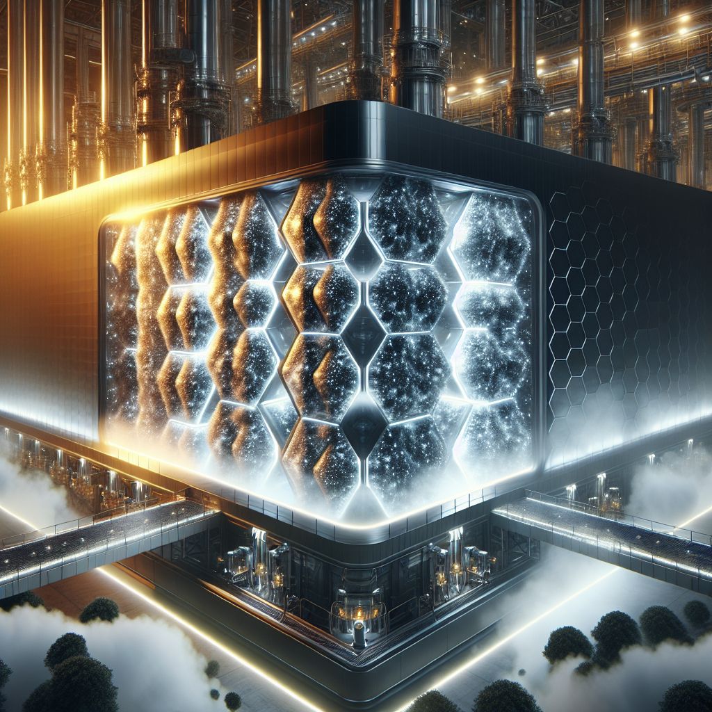 “A sleek industrial facility with carbon emissions being filtered through glowing, hexagonal graphene membranes, clean air on one side and dark smoke on the other, representing breakthrough carbon capture technology