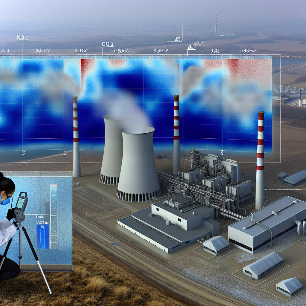 Create a high‑resolution, photorealistic scientific illustration that combines a satellite‑style overhead ‘slice’ through a power‑plant’s emission plume and the surrounding industrial terrain under diffuse, overcast lighting. In the aerial cross‑section, overlay semi‑transparent gradient maps: vivid blue tones for NO₂ concentrations and rich red tones for CO₂, both clearly labeled with scale bars and concentration values. Render the plant’s smokestacks and adjacent facilities with sharp, realistic metallic textures and subtle atmospheric haze. In the lower foreground, depict a field technician in protective gear kneeling by a tripod‑mounted air‑quality sampler, adjusting sensors and consulting a rugged handheld display. Include clean, unobtrusive callouts and legends that identify the pollutant gradients and key sampling equipment, ensuring a polished, professional look suitable for a technical environmental science publication