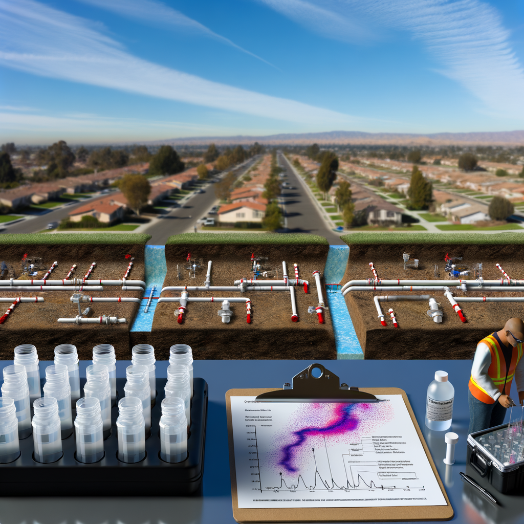 Create a high‑resolution, photorealistic scientific illustration showing a detailed cross‑section of a municipal water supply system beneath a suburban or small-town setting under a clear California sky. Include labeled infrastructure such as groundwater aquifers, underground pipes, treatment facilities, and residential connections. Overlay semi‑transparent pathways of PFAS (per- and polyfluoroalkyl substances) contamination—depicted as faint red or violet gradients—leaching from industrial zones, landfills, or firefighting foam residues into groundwater and eventually infiltrating the drinking water system. In the foreground, a field technician wearing a reflective vest and safety glasses collects water samples in sterile vials for LC‑MS/MS analysis, with a portable testing case and GPS-enabled tablet beside them. Emphasize clean labeling, realistic textures (soil layers, pipes, water), and a clear, professional layout suitable for a technical report or environmental health publication