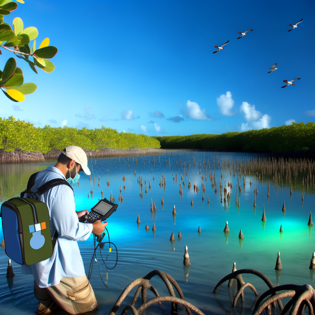 Create a professional, high-quality image depicting environmental monitoring activities in a Caribbean wetland. Show an environmental scientist or technician from Ecotox Environmental Services (with subtle branding on their field gear) using specialized monitoring equipment at the edge of a lush mangrove wetland. The scientist should be carefully collecting water samples or using a handheld monitoring device. Include visual elements that suggest methane monitoring, such as subtle representation of gas emissions or digital readings. The background should showcase the beauty of Caribbean wetland ecosystems with crystal clear water reflecting blue skies, diverse mangrove roots, and possibly some native birds. The lighting should be natural, creating a scientifically accurate yet visually striking scene that conveys both the importance of these ecosystems and the professional monitoring work being conducted. The overall impression should balance environmental concern with scientific rigor and hope for conservation.