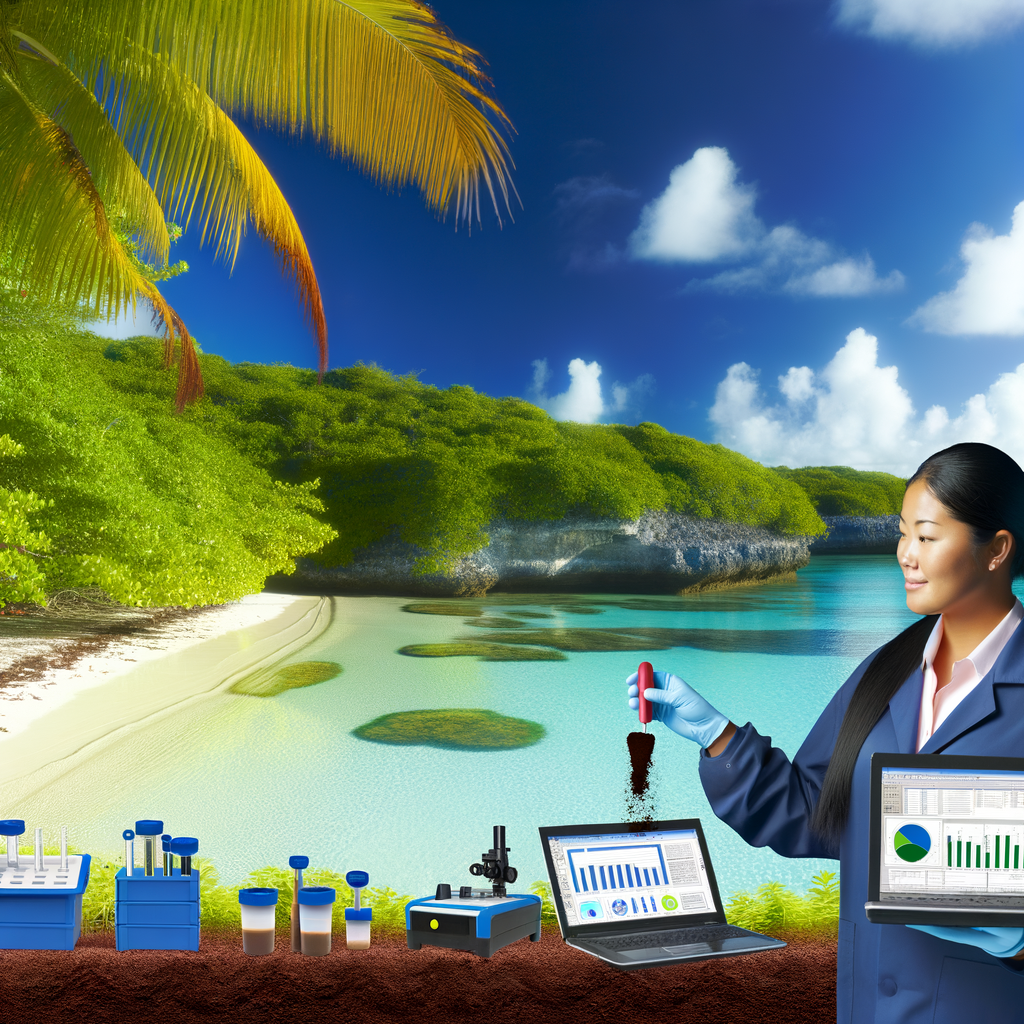 Create a professional, high-quality image depicting soil testing and remediation in a Caribbean environment. Show a scientist or environmental technician in professional attire (with Ecotox branding visible) collecting or analyzing a soil sample against a backdrop of lush tropical vegetation and blue Caribbean waters. Include subtle visual elements suggesting environmental protection - perhaps testing equipment and a laptop showing soil analysis results. The image should have a clean, professional aesthetic suitable for a corporate environmental services website, with natural lighting and vibrant but realistic colors representing the Caribbean ecosystem. The overall mood should convey scientific expertise and environmental stewardship.