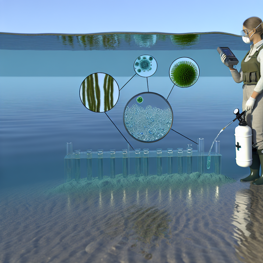 Generate a high‑resolution, photorealistic scientific illustration of a crystal‑clear lake with an unseen blue‑green algal bloom beneath its surface. Use a subtle cutaway or semi‑transparent water layer to reveal dense mats of cyanobacteria. Superimpose magnified insets showing viral particles attaching to cyanobacterial cells—rendered with realistic virion geometry—and depict toxin molecules diffusing outward in graduated, translucent waves. Under soft, diffuse lighting, place a field technician in weather‑proof gear at the shore: they kneel beside a portable testing kit, pipetting water into vials while consulting a digital readout. Include clean labels, scale bars, and unobtrusive legends for the cyanobacteria layer, viral inset, and toxin dispersion—ensuring a precise, professional style suitable for a peer‑reviewed environmental science journal