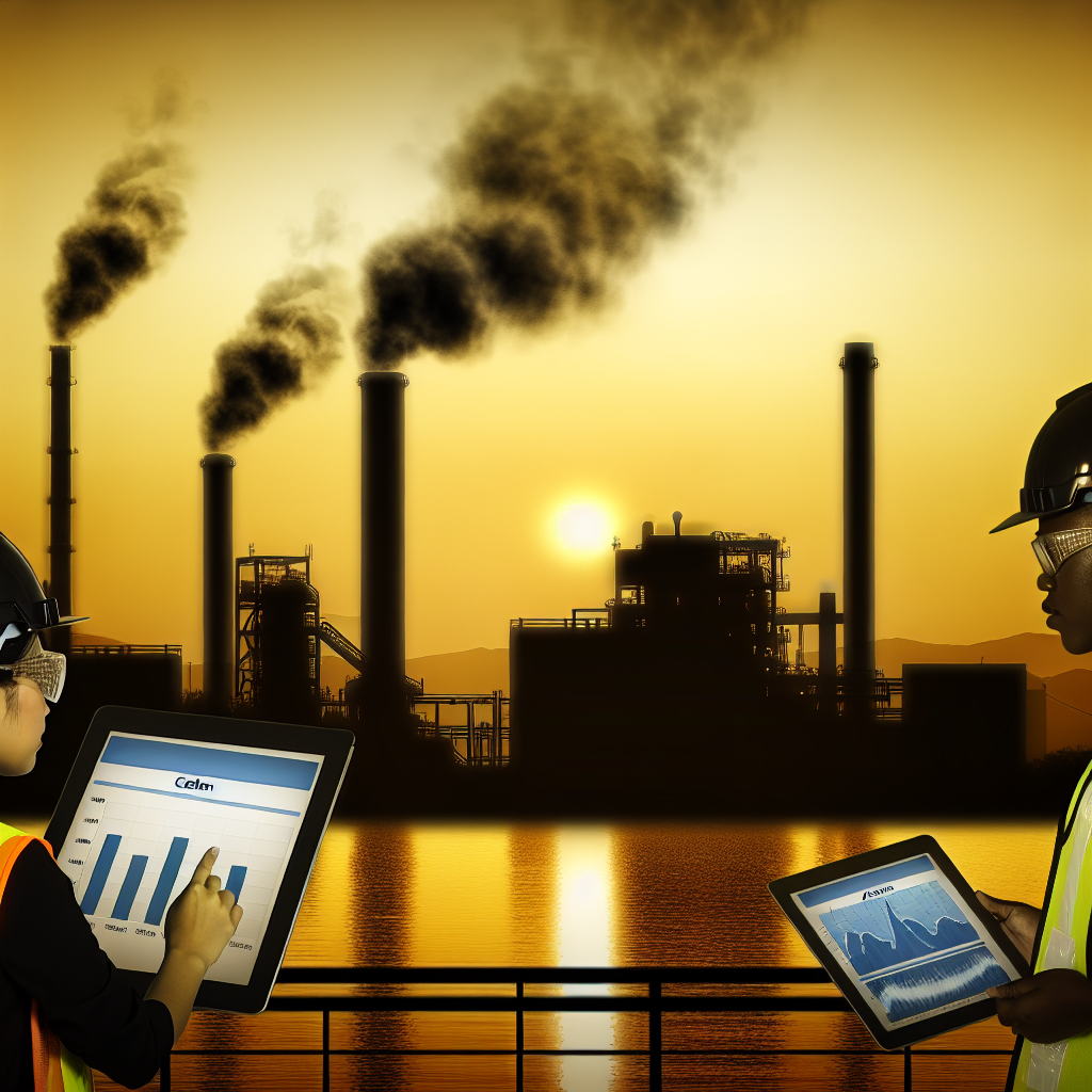 Generate a high‑resolution, photorealistic illustration at sunrise, capturing an industrial plant silhouetted against a warm, golden sky. Use semi‑transparent overlays to display ‘before’ and ‘after’ carbon‑emission plumes—one darker, denser plume fading into a lighter, cleaner plume—emanating from smokestacks. In the foreground, two engineers wearing safety vests and hard hats stand at a railing, intently reviewing real‑time air‑quality graphs and numerical data on sleek tablets. Emphasize crisp, reflective tablet screens, realistic metallic textures on the plant equipment, and soft atmospheric perspective to convey depth. The overall style should be clean and professional—suitable for a scientific report or technical environmental presentation